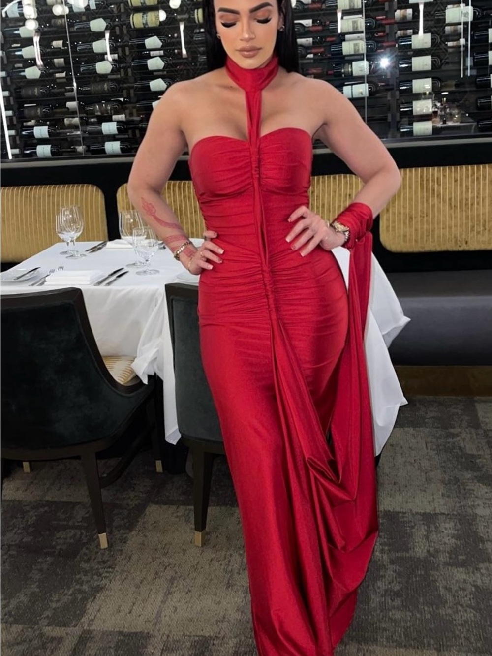 Red Strapless Ruched Evening Gown with Neck Tie